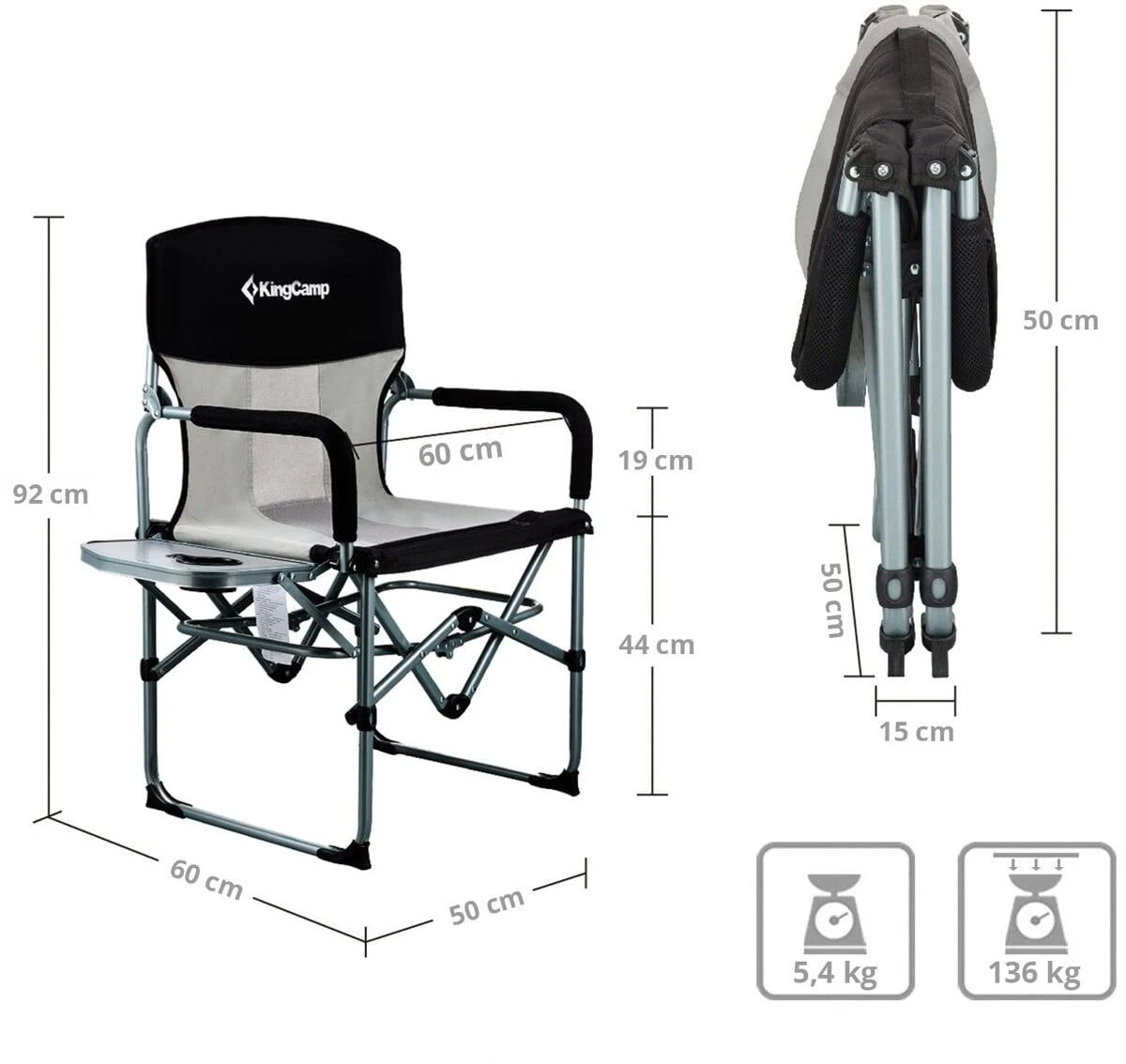 KingCamp Faltbarer Regiestuhl Mit Seitentisch Schwarz/grau 5 KingCamp Faltbarer Regiestuhl Mit Seitentisch Schwarz/grau – Bild 3